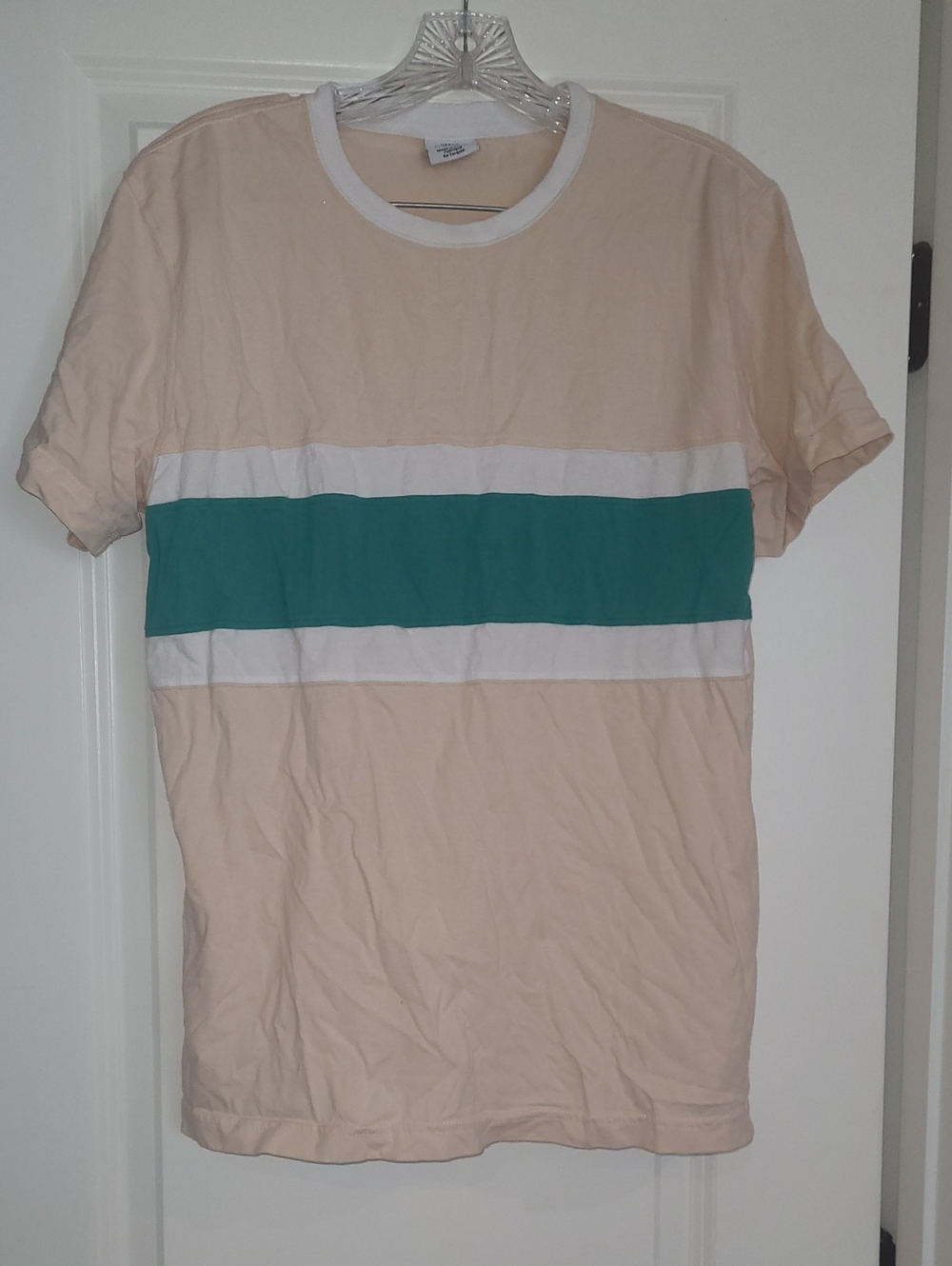Urban Outfitters Beige Short-Sleeve Tee with Teal and White Stripes